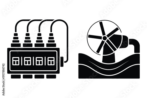 Electrical connectors and water valve icons: power and plumbing