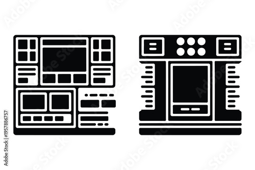 Control panel and monitor icons: technology and data display