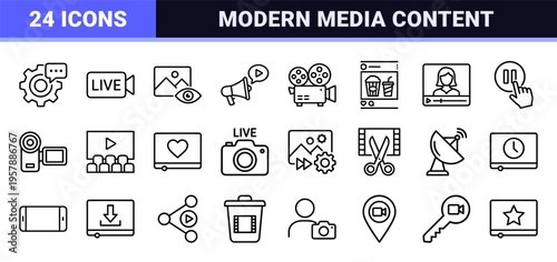 Digital Video Production and Multimedia Streaming Line Art. Minimalist monoline geometric symbols for cinema, vlog, and social media.