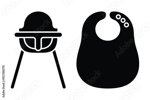 High chair and baby bib icons: feeding and infant care