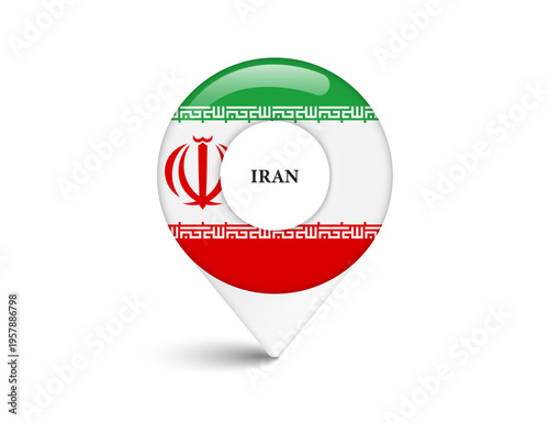 A pin map or pin location featuring the Iran national flag, for designing travel or tourism information about Iran, vector 3d illustration isolated on white background for advertising design