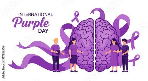 Illustration of people supporting epilepsy awareness with a large purple brain and ribbons on International Purple Day.