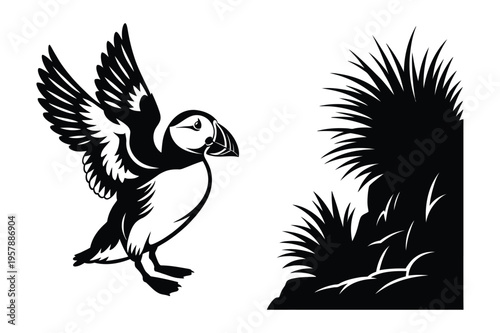 Puffin bird and rocky cliff silhouette vector
