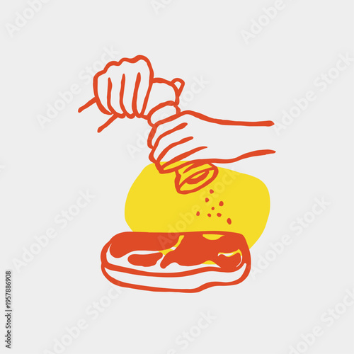 Hands seasoning raw steak with salt grinder during meat preparation sprinkling salt and pepper sketch illustration