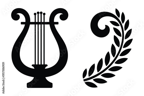 Lyre and laurel wreath silhouette vector