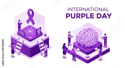 Illustration of people supporting epilepsy awareness with purple ribbon and brain on cubes for International Purple Day, promoting global health and neurological disorder awareness.