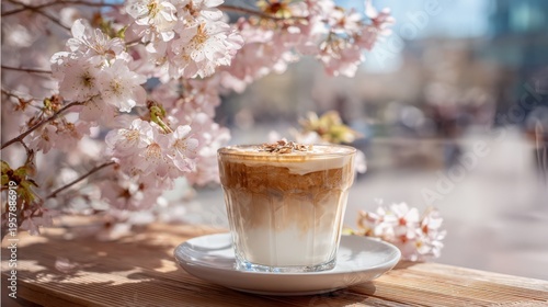 Oversized layered latte in glass with cherry blossoms on outdoor wooden table