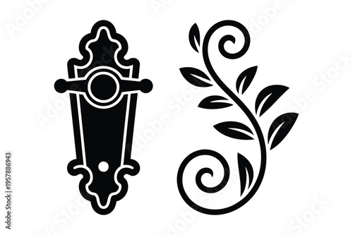 Ornate door knocker and swirl plant silhouette