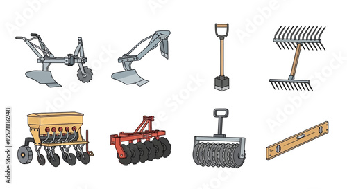 Comprehensive Vector Set of Agricultural Farming Equipment Icons Featuring Ploughs, Rakes, Seeders, Harrows, Rollers, and Leveling Tools for Rural Cultivation.