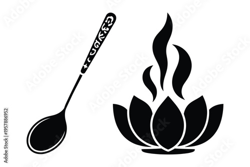 Spoon and burning lotus flower silhouette vector