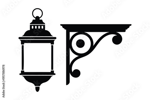 Vintage lantern and decorative bracket silhouette icon