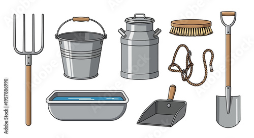 Vector Illustration Set of Essential Farm and Stable Equipment Featuring Pitchfork, Shovel, Metal Bucket, Milk Can, Grooming Brush, Halter and Grain Scoop Icons