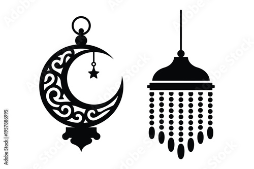 Islamic crescent moon lantern and hanging lantern icon