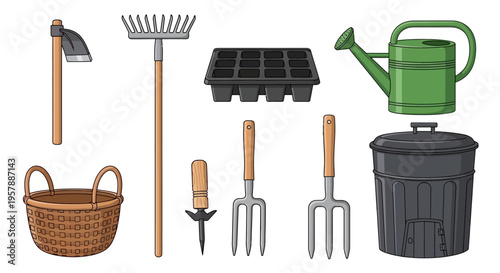 Collection of Illustrated Gardening Tools and Equipment featuring a Rake, Hoe, Watering Can, Seed Tray, Basket, and Hand Forks on a Clean White Background Set.