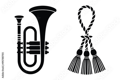 Brass instrument and tassel cord silhouette vector