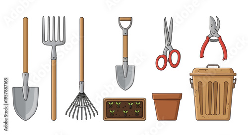 Vector illustration set of essential gardening tools and equipment including a shovel, rake, pitchfork, pruning shears, flower pots, and a compost bin on white.