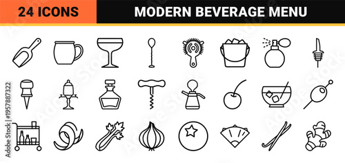 Mixology and Barware Monoline Outline Icons featuring Professional Cocktail Glasses, Bartender Tools, and Drink Garnishes in Geometric Style