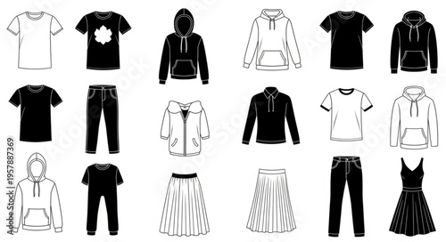 Collection of Various Clothing Items - T-shirts, Hoodies, Pants, Skirts, and a Dress.