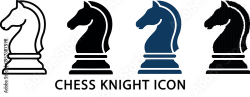 Four chess knight illustrations in varying styles on transparent background