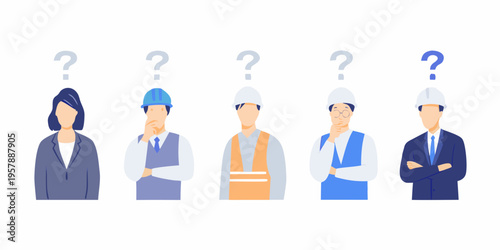 Diverse group of professionals pondering questions with thought bubbles