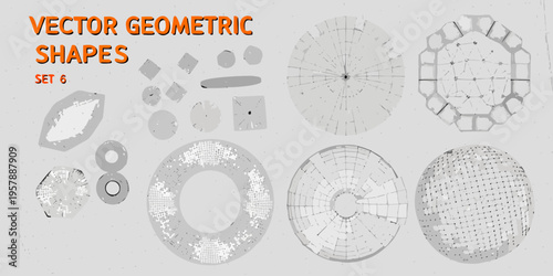 Collection of geometric vector shapes and patterns in grayscale tones