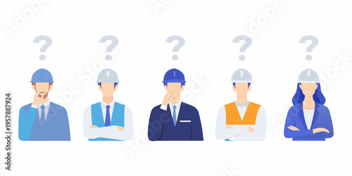 Five construction workers contemplate questions floating above their heads