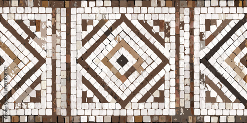 Intricate geometric mosaic pattern with brown and white tesserae