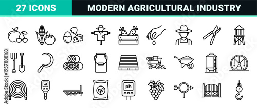 Sustainable Agriculture and Organic Farming Monoline Icons Featuring Industrial Equipment Livestock Crops and Horticulture Technical Symbols