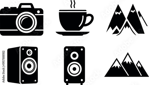 Travel and photography icons with mountains camera coffee and speakers