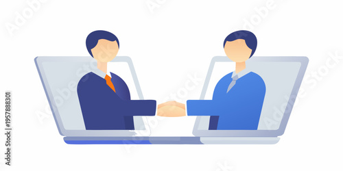 Two business professionals shake hands through laptop screens virtually