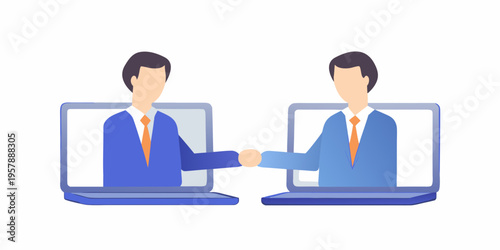Two business professionals shaking hands through laptop screens virtually