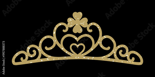 A golden tiara illustration with ornate curves and a heart detail