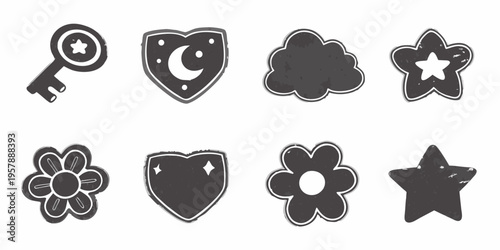 Collection of hand drawn black and white icons keys hearts stars and flowers