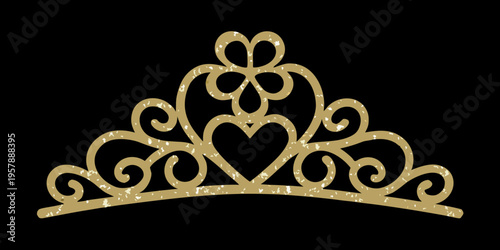 Golden tiara with heart shaped details on a black background