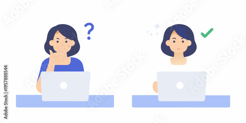 Two women using laptops one considering options and one successful