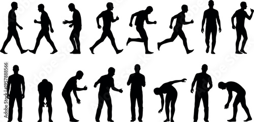 A collection of human silhouettes depicting various walking and stretching poses in black against a white background for graphic design use