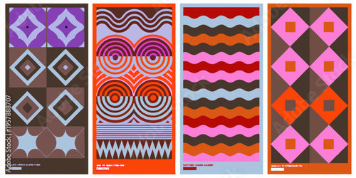 Four vertically oriented panels featuring bold geometric and abstract designs