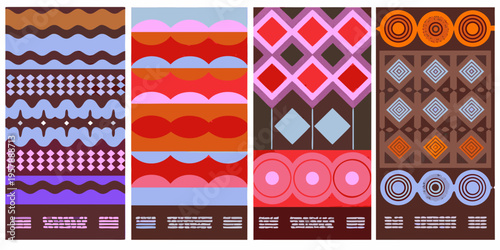 Four colorful patterned rectangles arranged vertically in a row