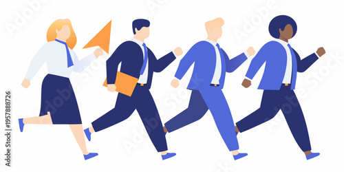 Diverse group of business professionals confidently walking forward together