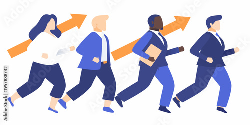 Diverse business team running forward with upward trending arrows