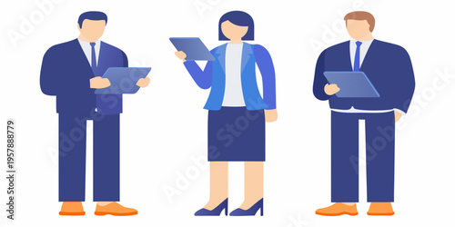 Three business professionals standing and holding digital tablets