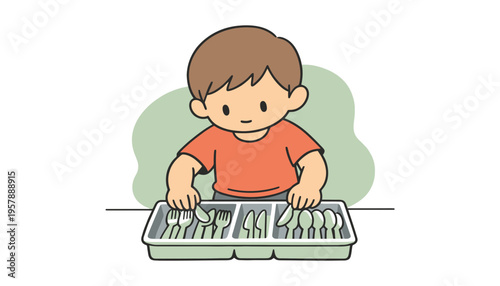 A boy organizing silverware in a drawer with a green background