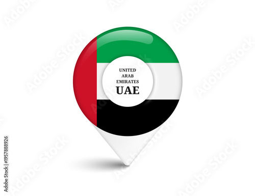 pin location featuring United Arab Emirates or UAE national flag, for designing travel or tourism information about UAE, vector 3d illustration isolated on white background for advertising design
