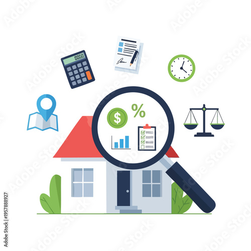 Magnifying glass on house with financial, legal, and location icons