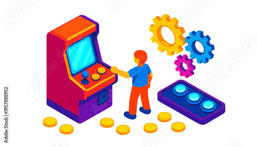 A colorful illustration of a man playing an arcade machine with gears and coins
