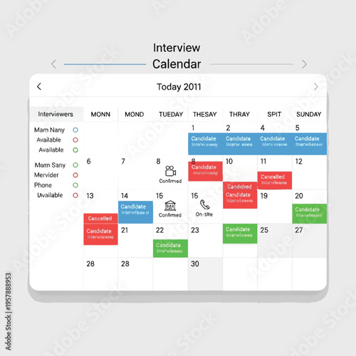Digital interview calendar showing candidate status, dates, and interviewer availability