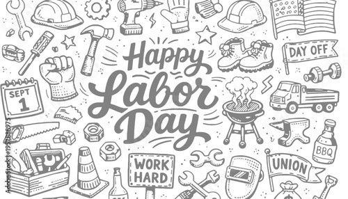 Labor day illustration with various work and celebration icons around text