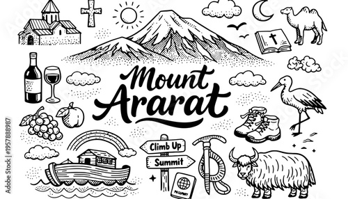 Mount Ararat iconic mountain illustration with various symbolic elements around it