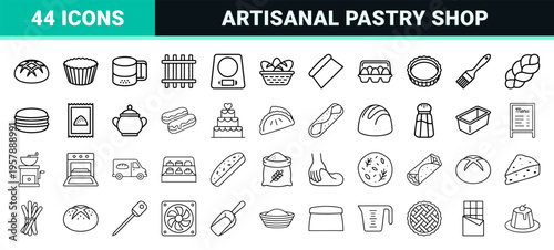 Bakery and Pastry Production Line Art Set Featuring Minimalist Monoline Symbols for Artisanal Bread, Sweets, and Professional Baking Tools.