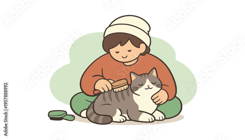 A child gently brushing a beautiful gray and white cat